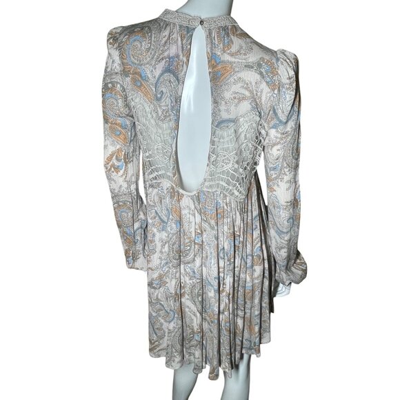 Free People M Lace & Paisley Long Sleeve Mini Dress Boho Summer Festival Medium - Picture 6 of 15